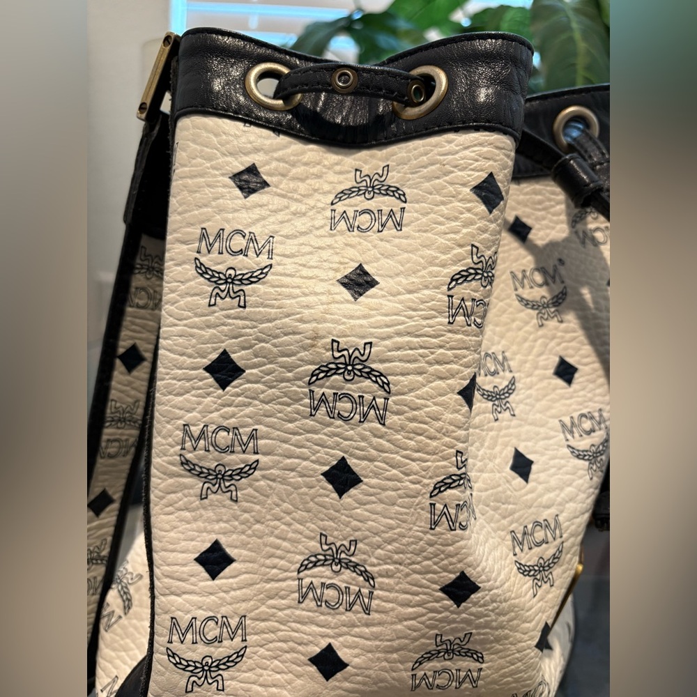 MCM White and Black Visetos Drawstring Crossbody Bucket Bag - Picture 6 of 15